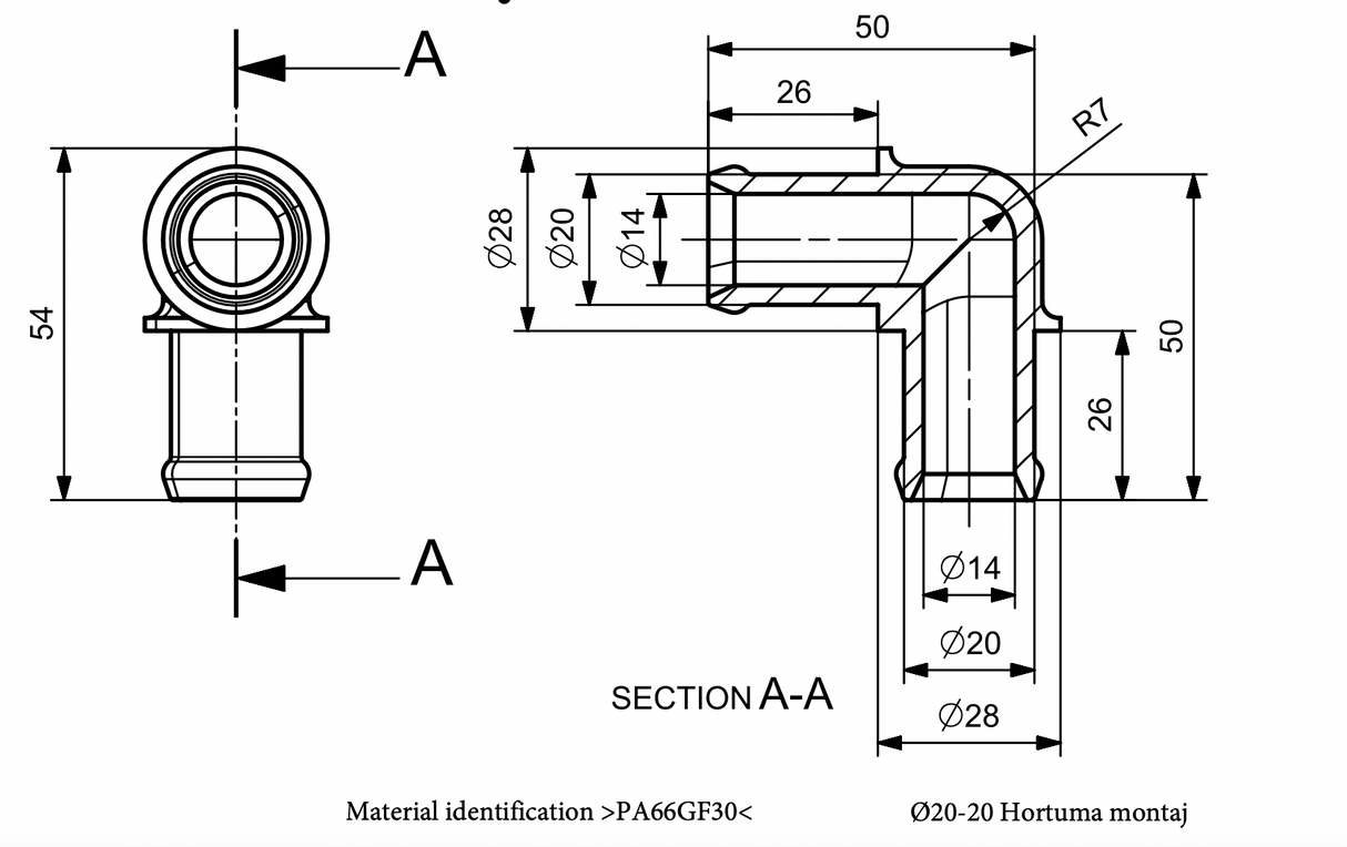 Schlauchverbinder L-Stück 20x20 / Interne Bauteile: JN35721906 / OEM Bauteilnummer: 4MN.121.089.A (dient nur zum Vergleich) / Verwendung: EPDM Schlauch