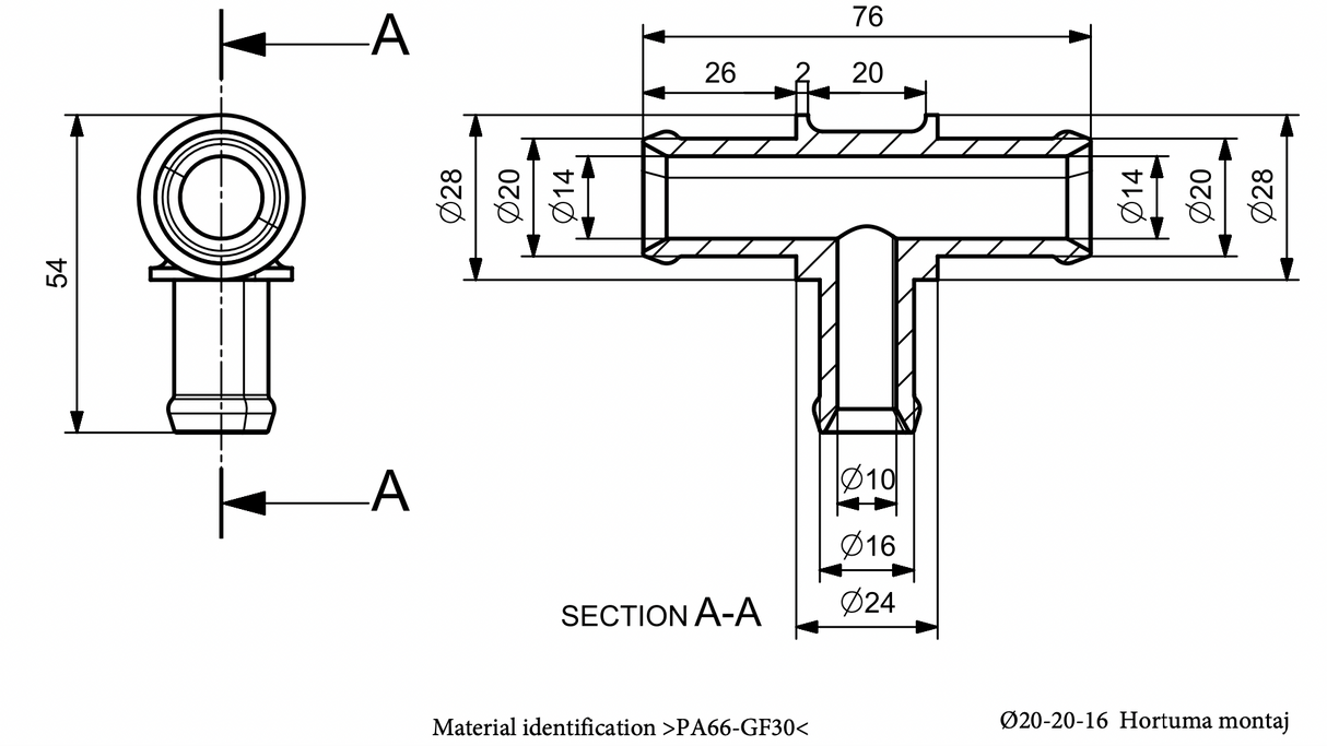 Schlauchverbinder T-Stück / Interne Bauteile: JN35721910 / OEM Bauteilnummer: N.907.944.01 20x20x16 (dient nur zum Vergleich) / Verwendung: EPDM Schlauch