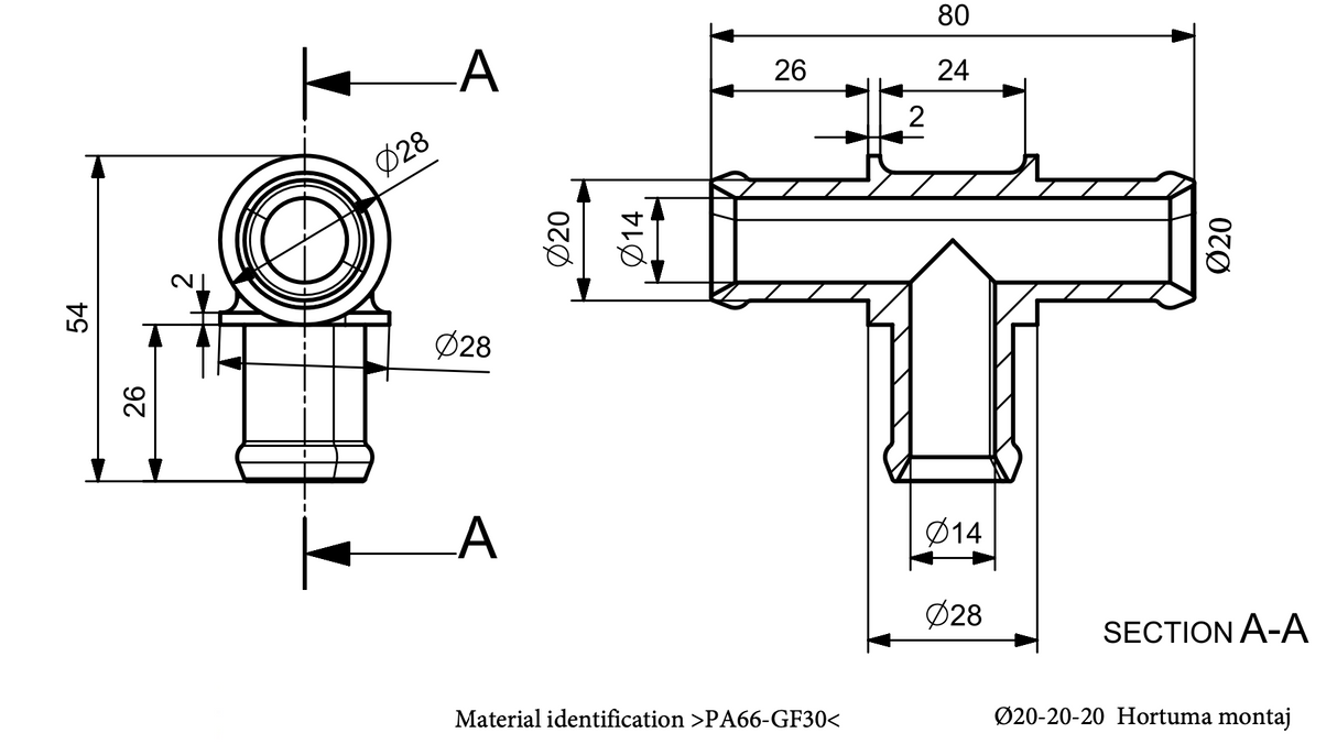 Schlauchverbinder T-Stück / Interne Bauteile: JN35721911 / OEM Bauteilnummer: N.907.606.01 20x20x20 (dient nur zum Vergleich) / Verwendung: EPDM Schlauch